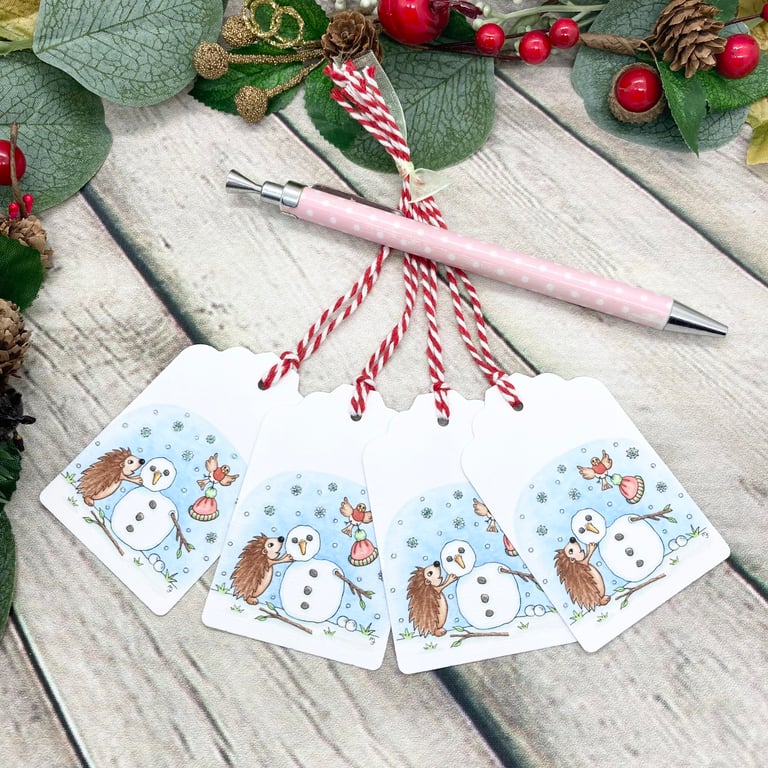 Hedgehog, Snowman & Friends Christmas Gift Tags - set of 4 tags