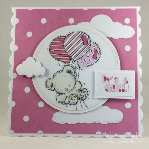 Handmade new baby girl card - teddy with balloons