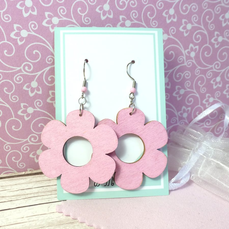 Pink flower earrings, eco-friendly pale pink wooden earrings for women          