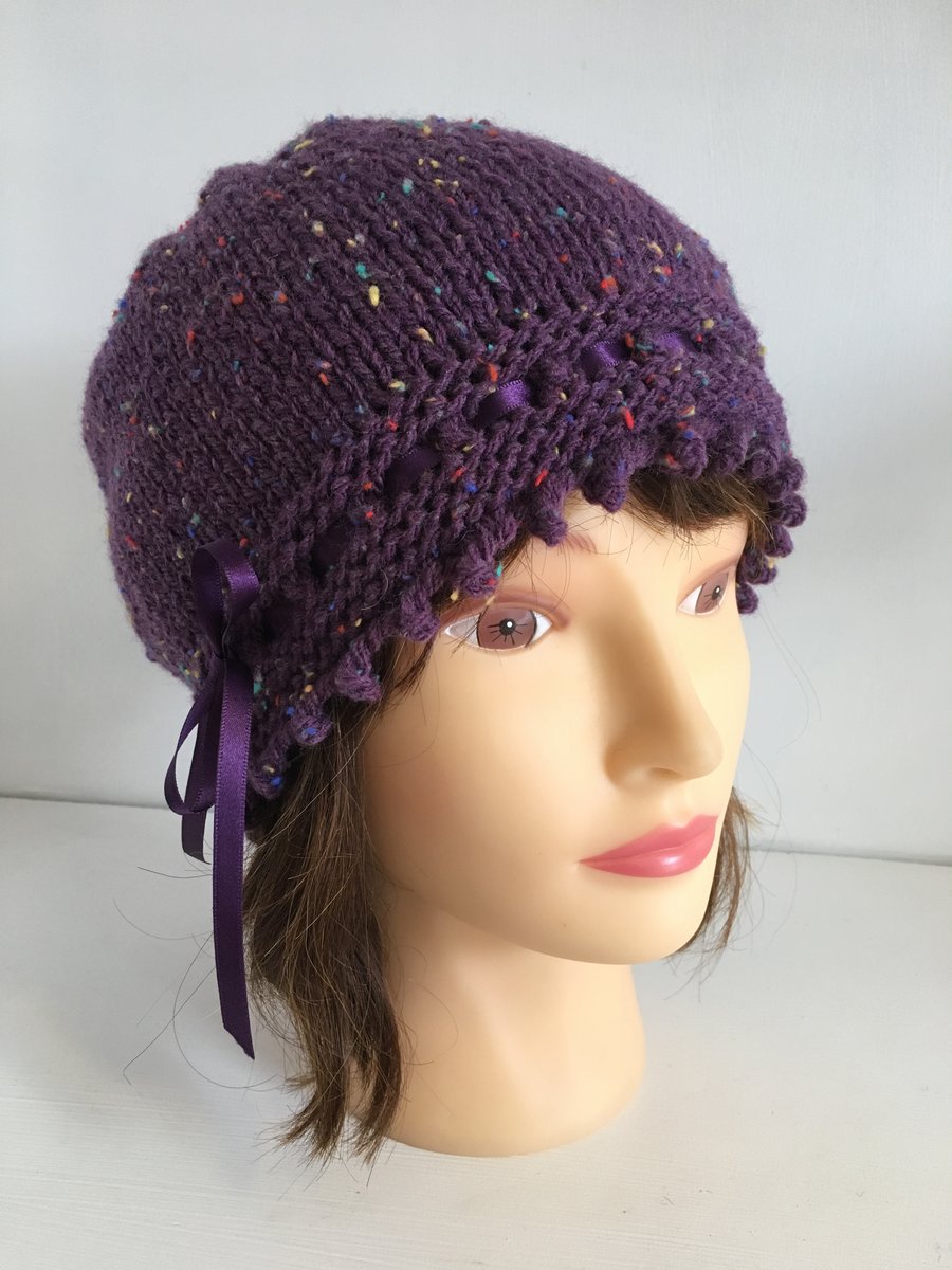 1920s Style Hat, Purple Tweed Vintage Winter Hat, Ribbon Laced Fancy Beanie Hat