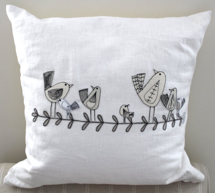 White Linen Cushion with Standing Birdies