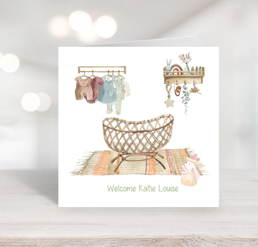  Watercolour Boho Personalised New Baby Girl Card