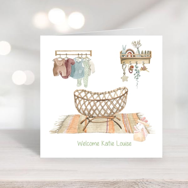  Watercolour Boho Personalised New Baby Girl Card