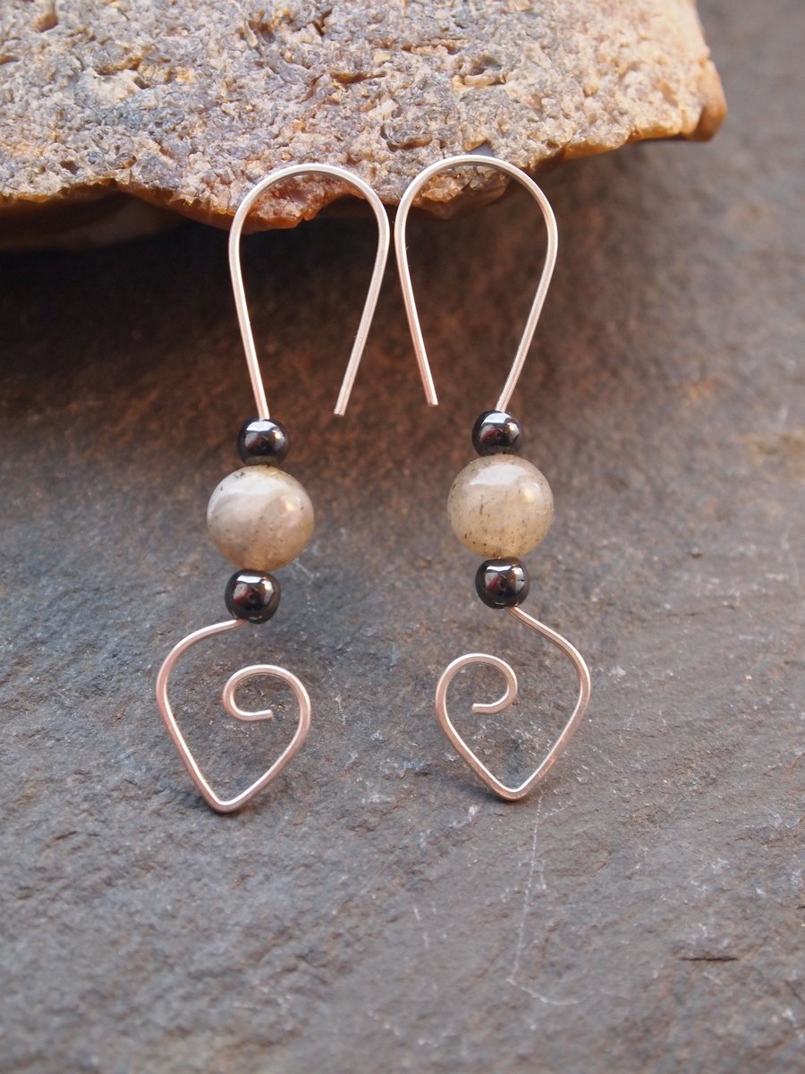 Silver earrings - Heart Sterling Silver Earrings with Labradorite & Hematite