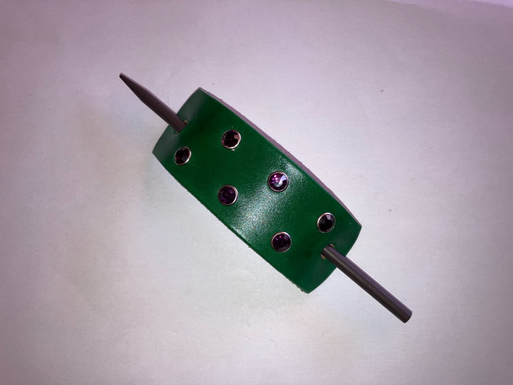 Dyed Green Leather Hair Stick Barrette with 6 Purple Gemstones FREE SHIPPING