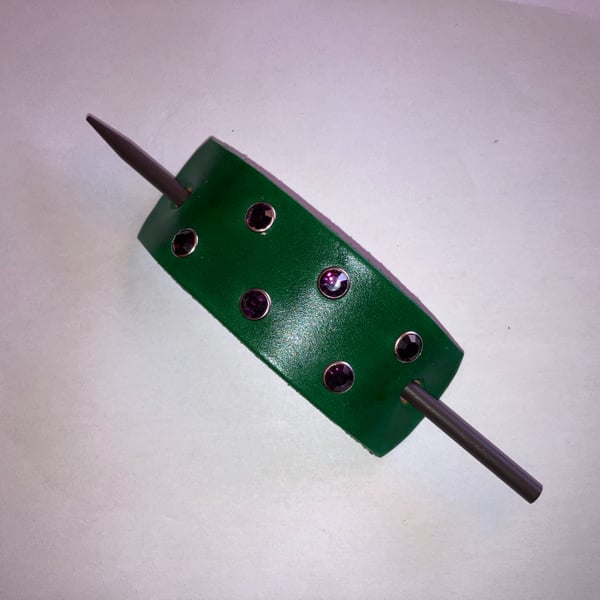 Dyed Green Leather Hair Stick Barrette with 6 Purple Gemstones FREE SHIPPING