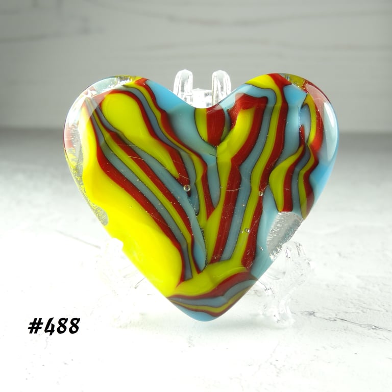Yellow blue red fused glass heart with acrylic stand, 5x4.5cm (488)