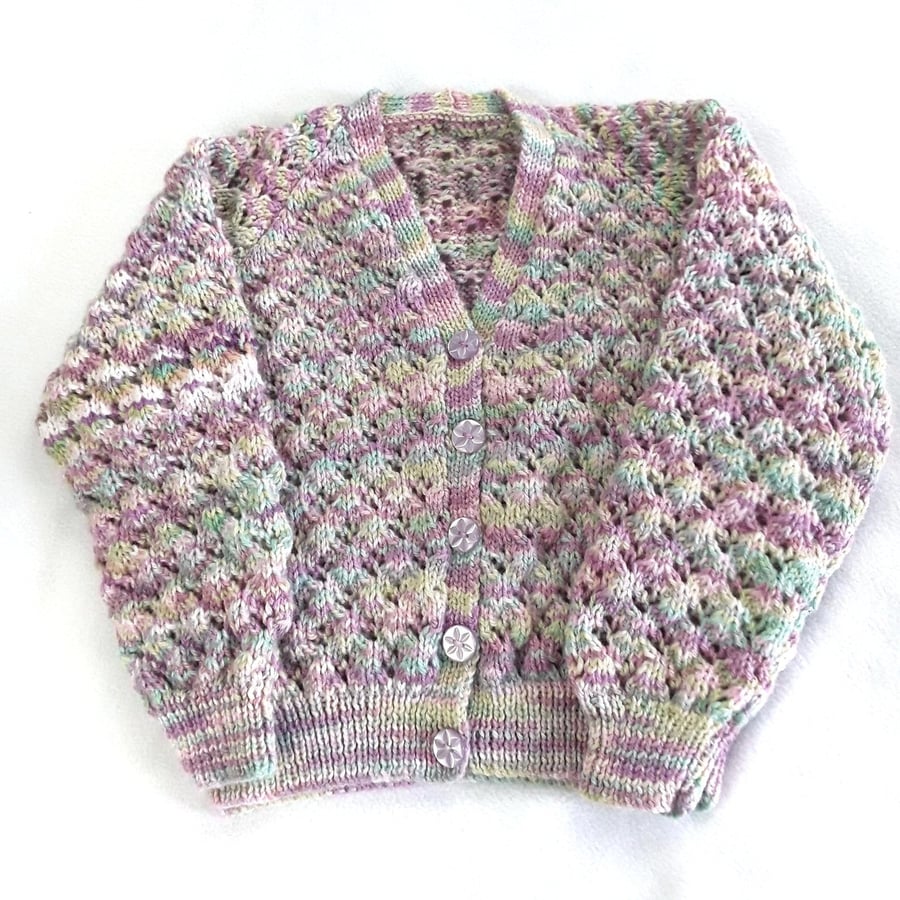 Hand knitted baby girls mauve green cardigan 2 - 3 years 26 inch chest - knitted