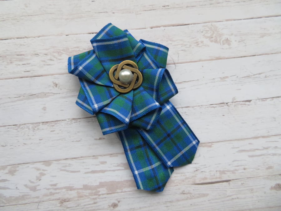 Douglas Ancient Blue Tartan Ruffle Celtic Button Brooch