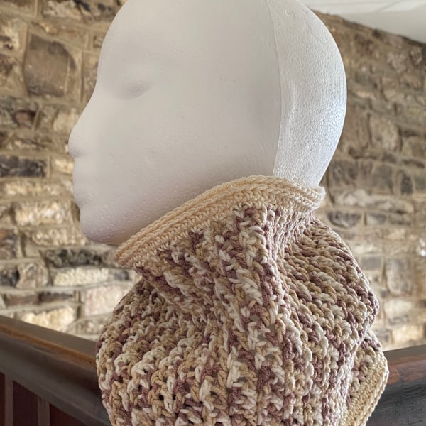 Women's cotton cowl, snood in cream & brown