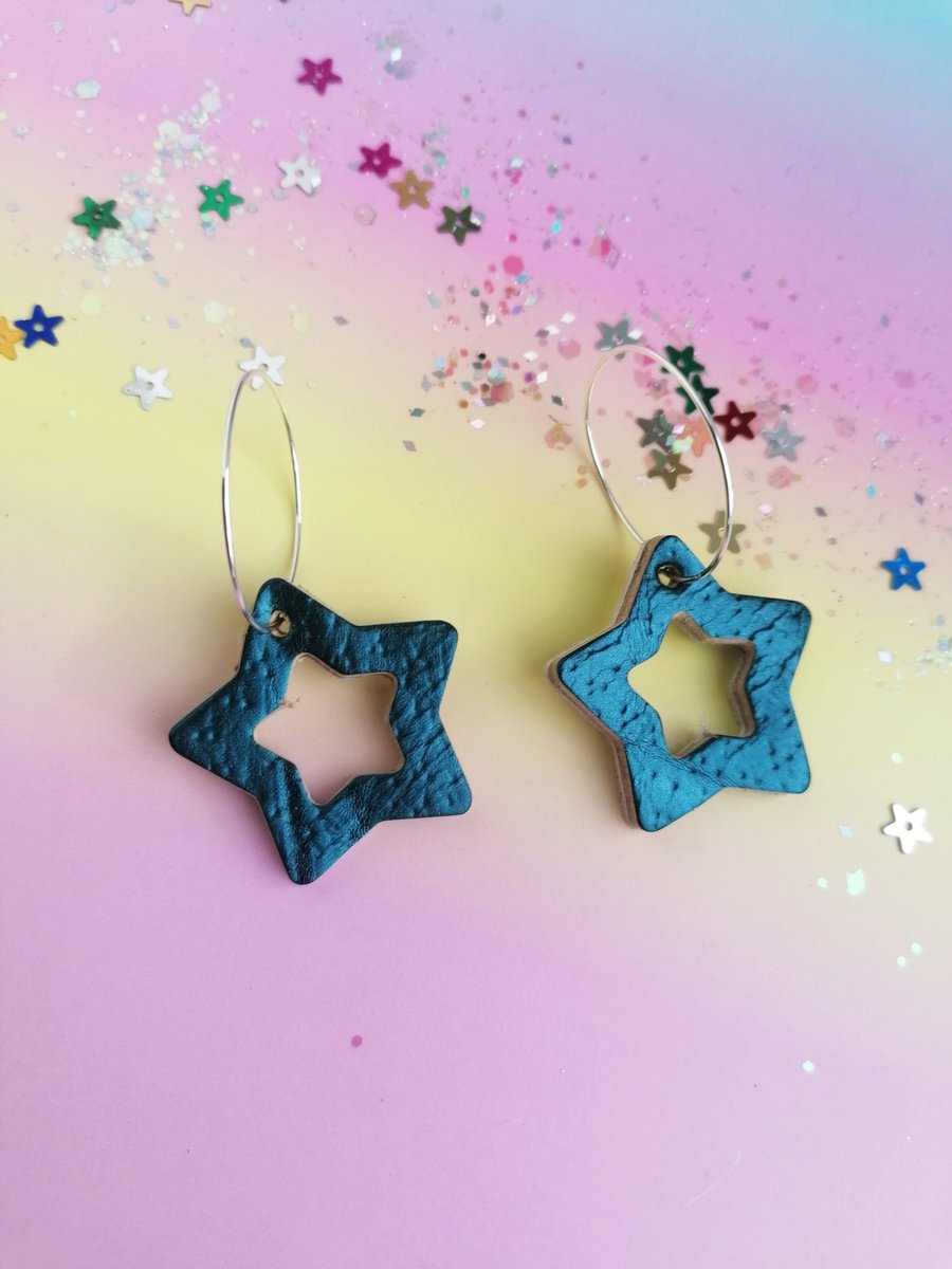 Reversible Star Hoop Earrings - Teal & Silver