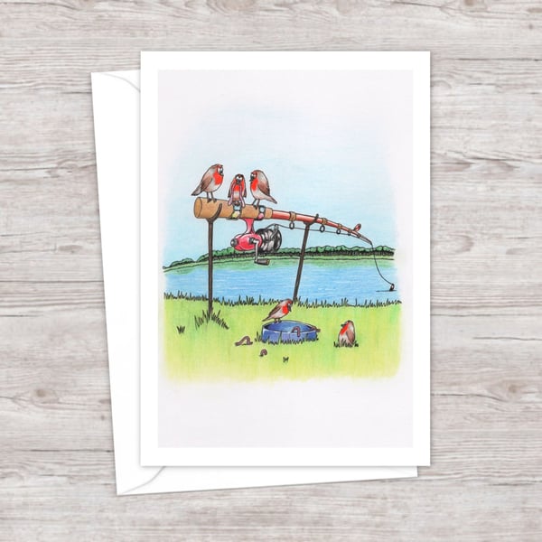 River Bank Greeting Card: Robins on a Fishing Rod Pencil Illustration (212)