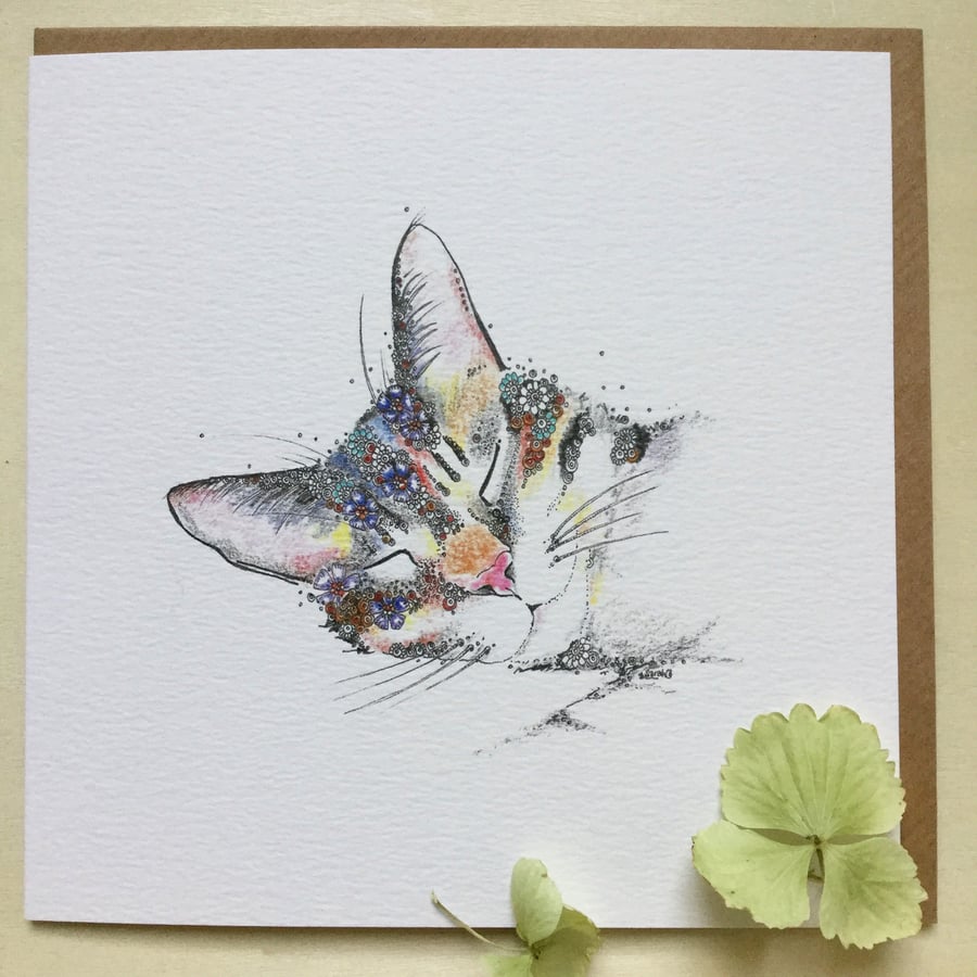 Beautiful Floral Cat greeting card 