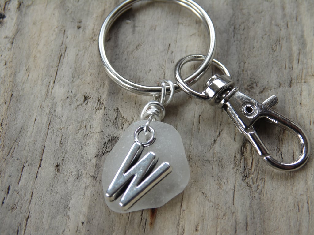 Initial 'W' White Cornish Sea Glass Bag Charm Keyring K720