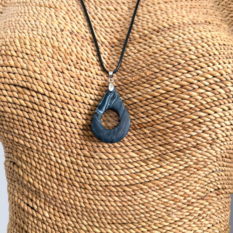 Deep Charcoal Black Marbled Glasses Holder Necklace Circular Opening Pendant