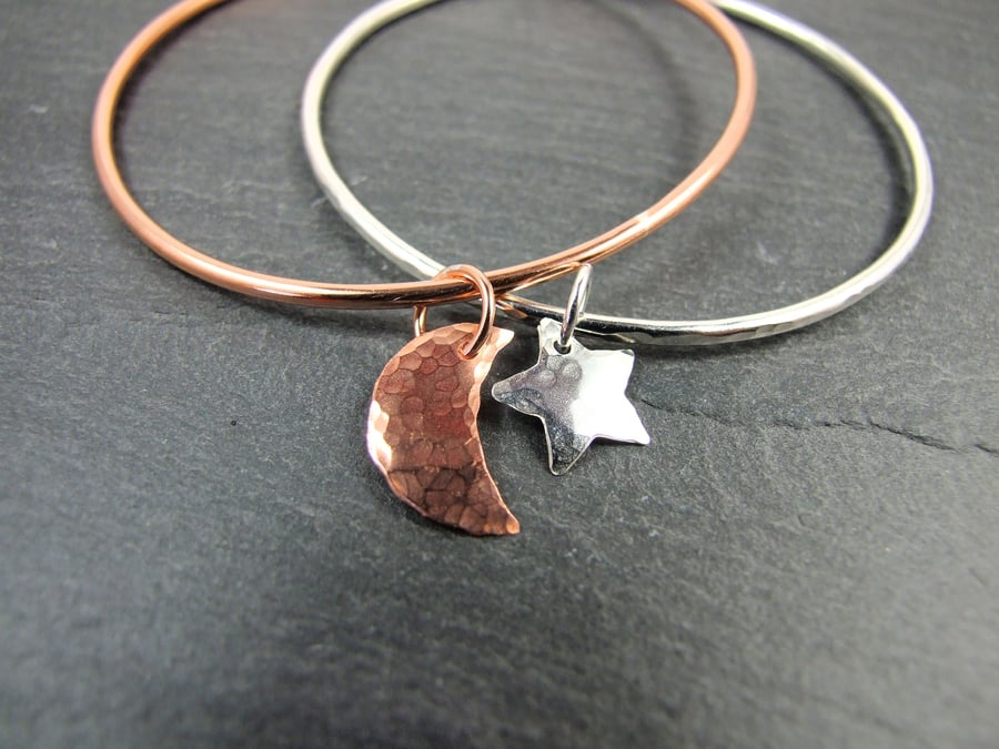 Sterling Silver and Copper Moon & Star Stacking Bangle Set