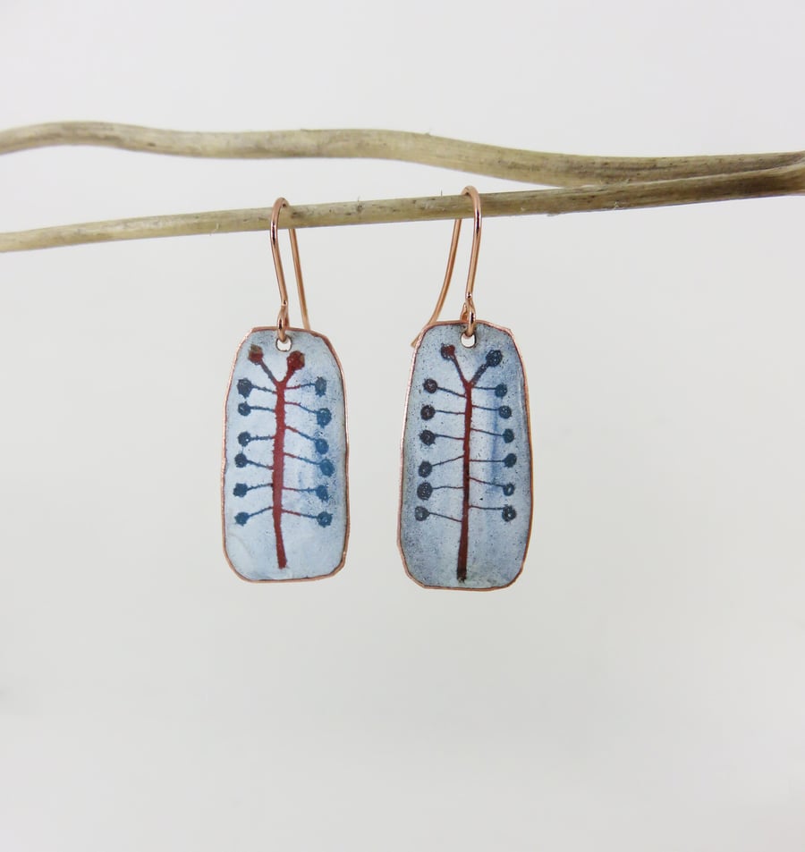 Enamel Dangle Earrings with Hand Drawn Plant Details in White and Turquoise