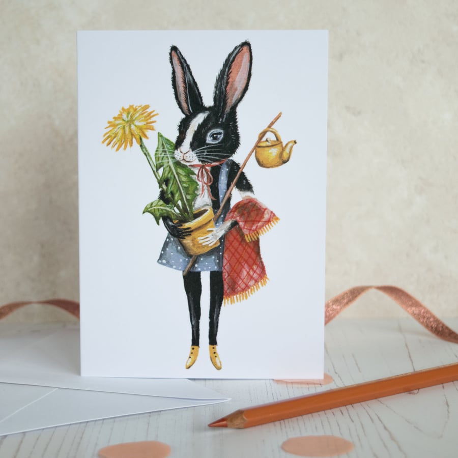Black and white rabbit illustrated greeting card. Easter, Birthday, new home.