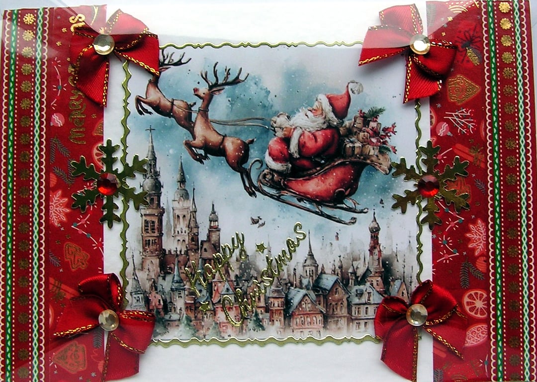 Hand Crafted Decoupage Chistmas Card - Happy Christmas (3352) Santa on Sleigh