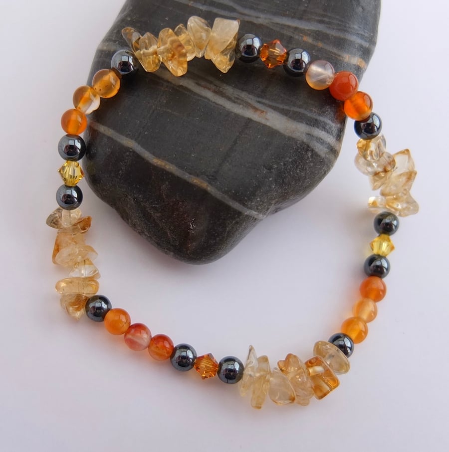 Citrine, Swarovski Crystal, Carnelian and Hematite Bracelet - Handmade In Devon.