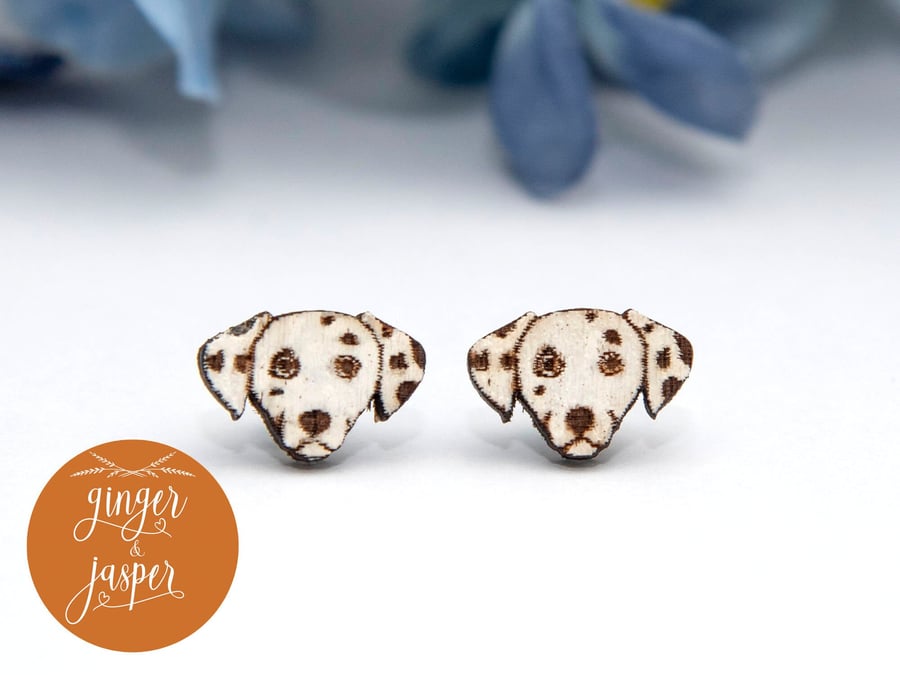 Hand Painted Wooden Dalmatian Earrings, Laser Cut Wood Dog Studs, Dog Lover Gift