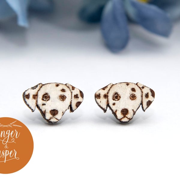 Hand Painted Wooden Dalmatian Earrings, Laser Cut Wood Dog Studs, Dog Lover Gift