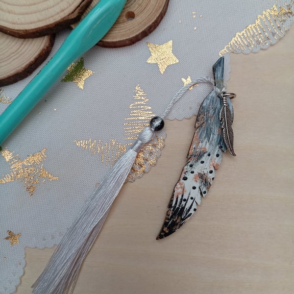 Black and white wooden Feather bookmark 