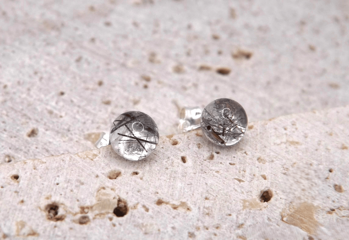 Black Tourmalinated Quartz 5mm Gemstone, Sterling Silver Stud Earrings.