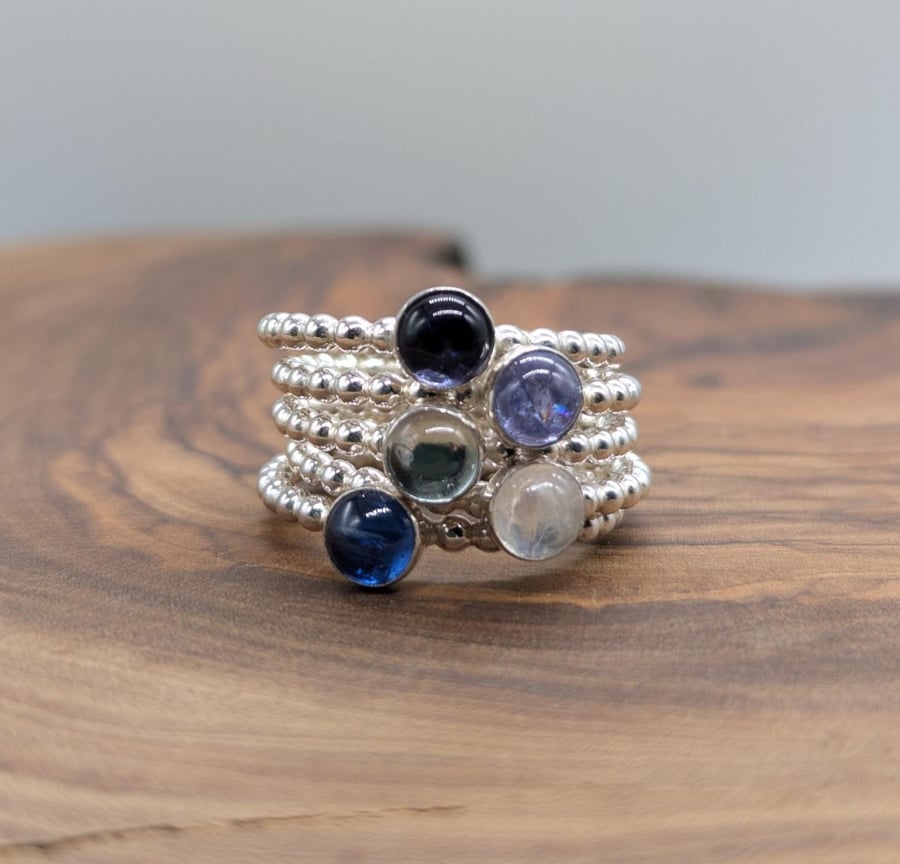 Tanzanite Iolite Moonstone Topaz Kyanite Beaded Stacking Ring