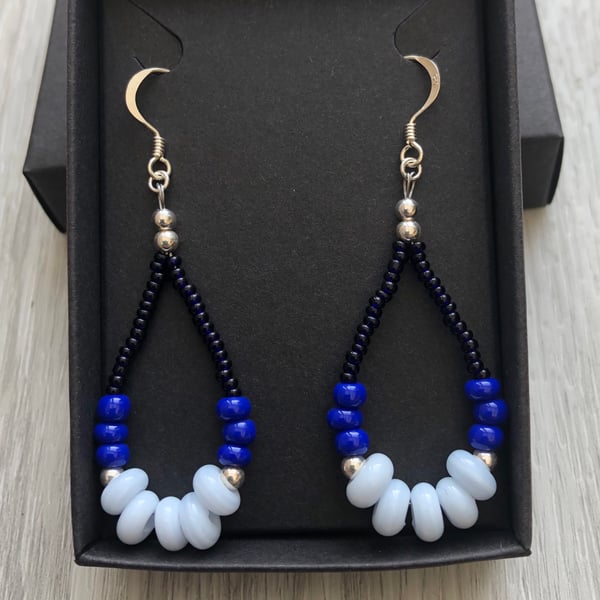 SALE.. Three tone blue beaded drop earrings. Sterling silver.