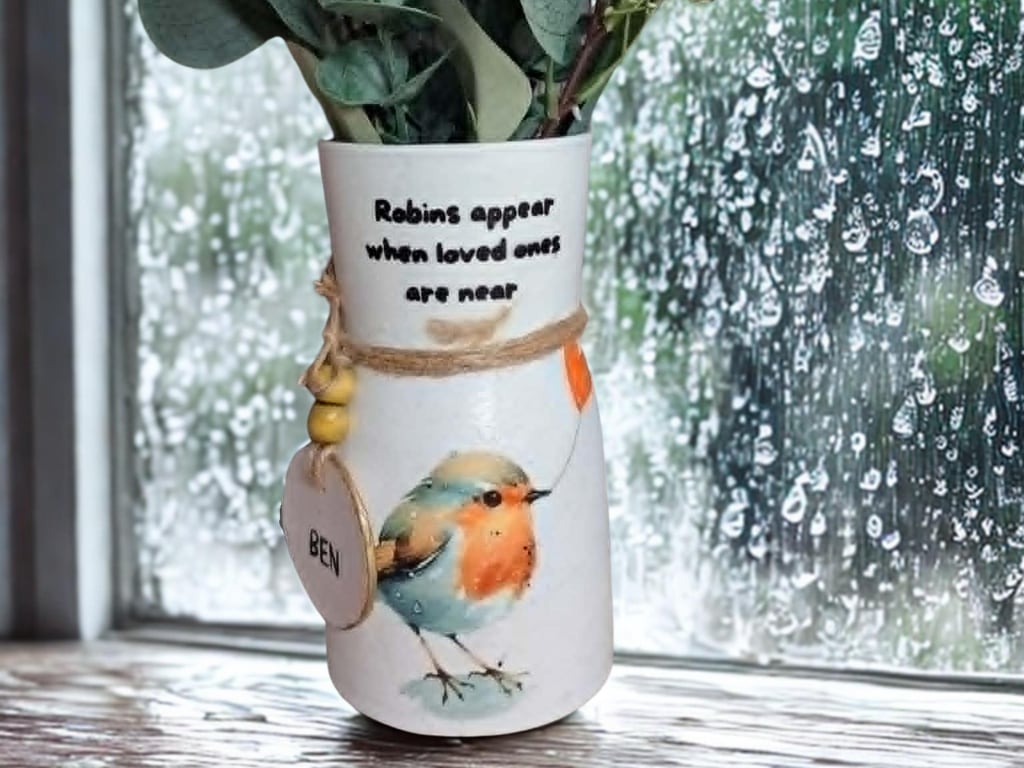 Robin Memorial Decoupage Vase, Cottage Core Decor, Hand-Painted Personalised, Ho