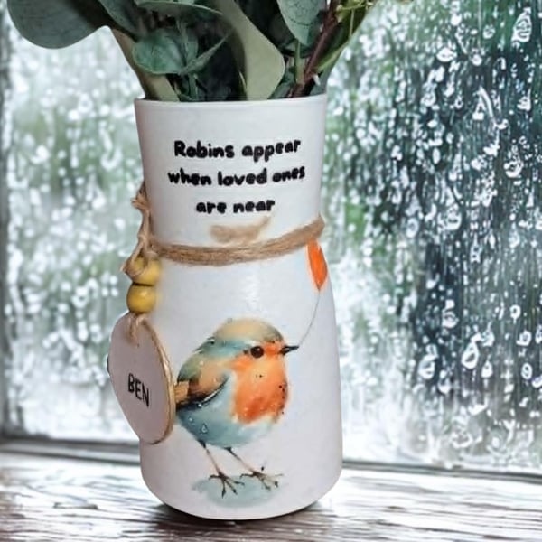 Robin Memorial Decoupage Vase, Cottage Core Decor, Hand-Painted Personalised, Ho