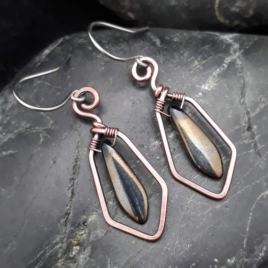 Hammered Copper Wire Earrings with Black Bronze Scarab Dagger Beads