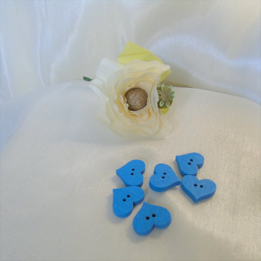 6 blue wood heart buttons - 2 cms across - 2 holes