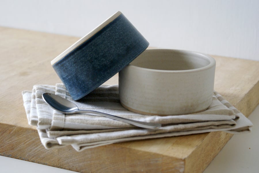 Set of two snack bowls in vanilla cream and smokey blue - hand thrown pottery