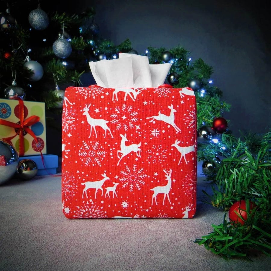 Square Tissue Box Cover - Reindeer on Red Christmas Design