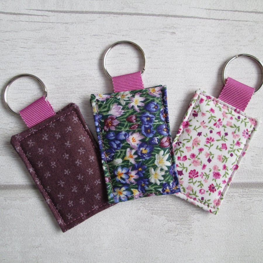 Trio of Keyrings or Bag Tags in Plum and Purple Ditsy Prints