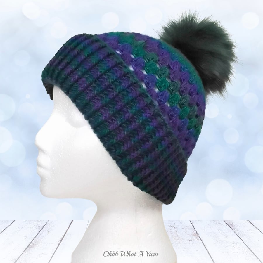 Crochet hat, beanie. Purple blue and green granny stitch pom pom hat. Beanie hat
