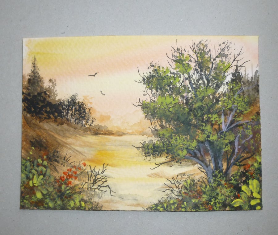 original art small format watercolour sunset painting ( ref FA 619 A2 )