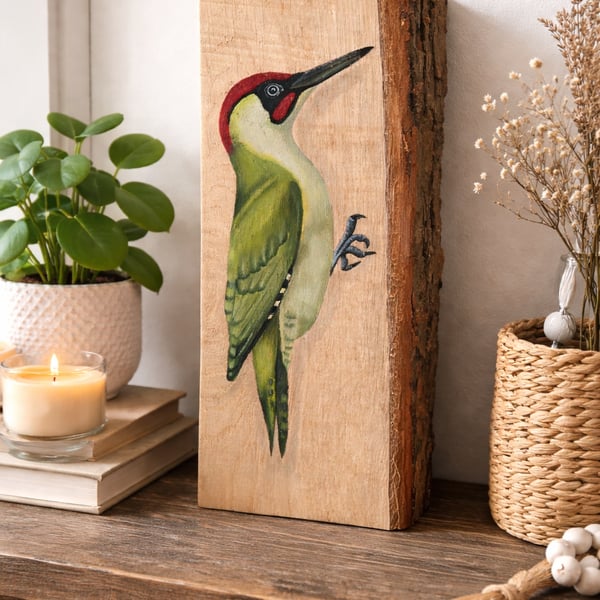 Green woodpecker original painting on oak wood