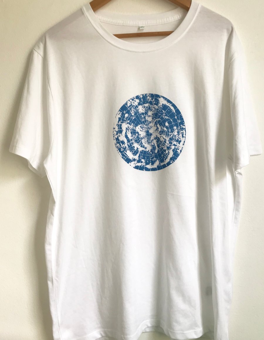 Polar Circle Men's Unisex white organic cotton T Shirt metallic blue print 
