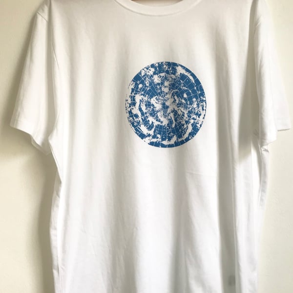 Polar Circle Men's Unisex white organic cotton T Shirt metallic blue print 