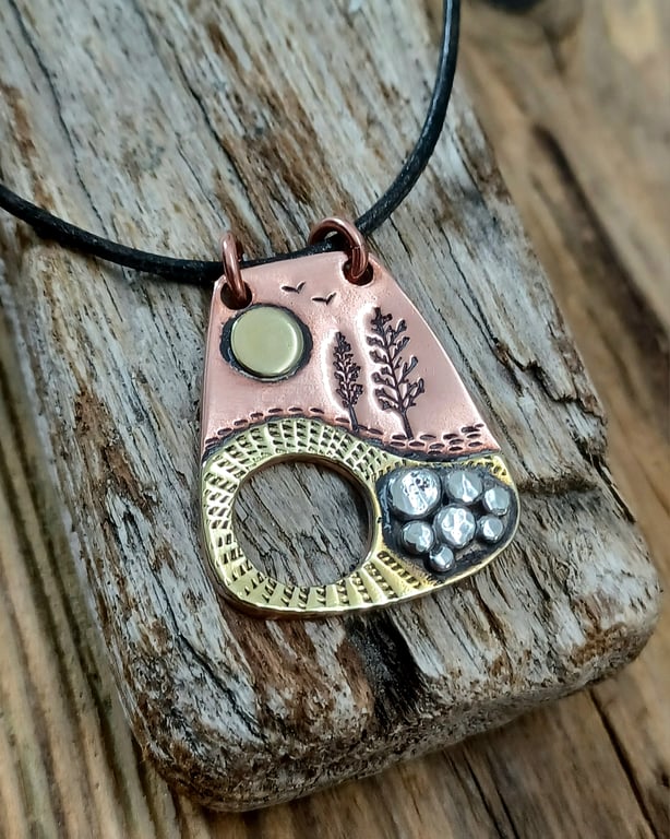Copper, brass and silver 'abstract'  landscape pendant, necklace 