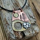 Copper, brass and silver 'abstract'  landscape pendant, necklace 