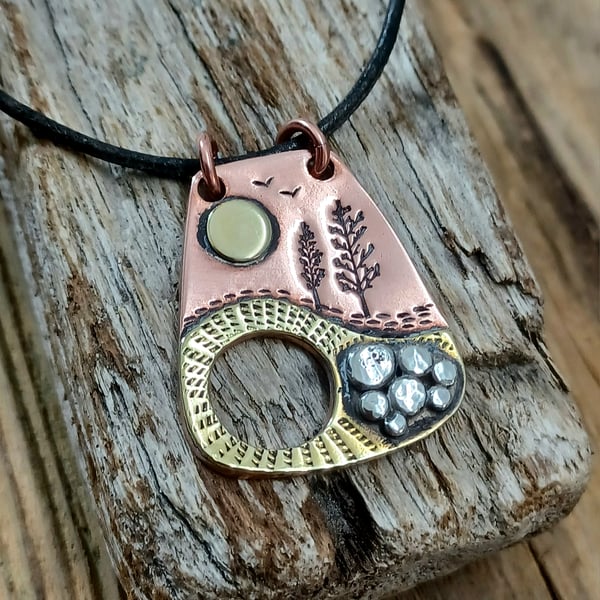 Copper, brass and silver 'abstract'  landscape pendant, necklace 