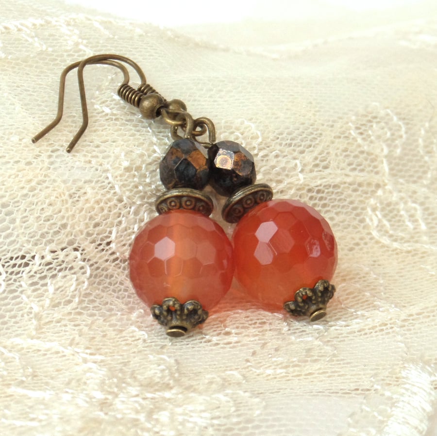 Carnelian bronze earrings, with burnt orange carnelians and rich brown crystal
