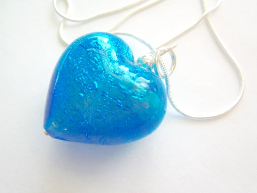 Turquoise Murano glass large heart pendant with sterling silver.