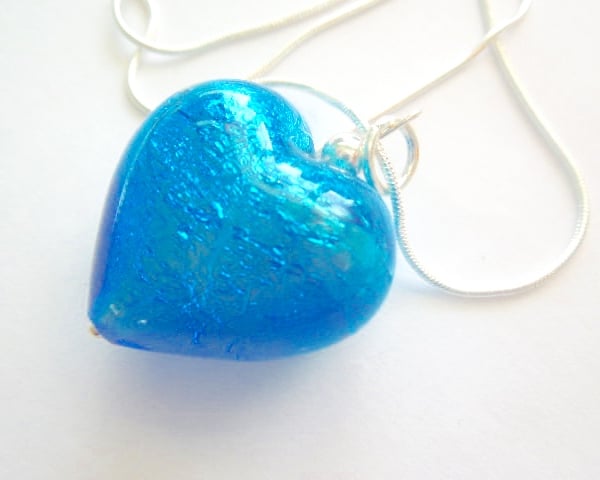 Turquoise Murano glass large heart pendant with sterling silver.