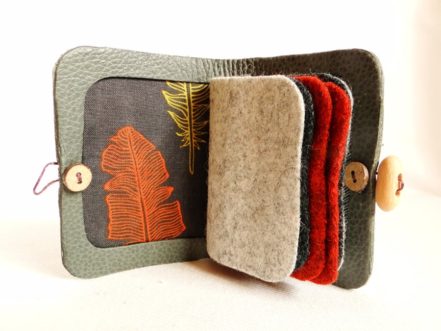 Feather Fabric Needle Case - Sewing Accessory - Grey Leather Needle Book 