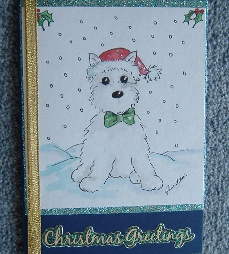 hand painted westie dog Christmas card (ref 713)
